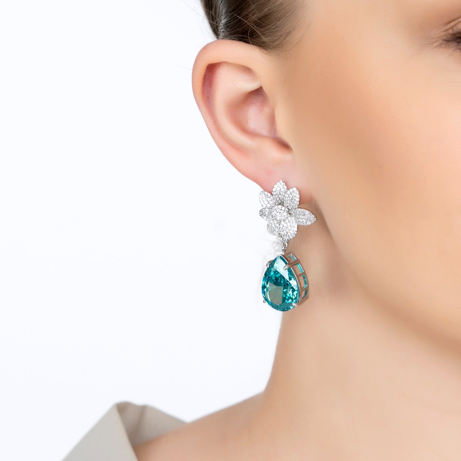 Orchid Flower Teardrop Aquamarine Earrings Silver