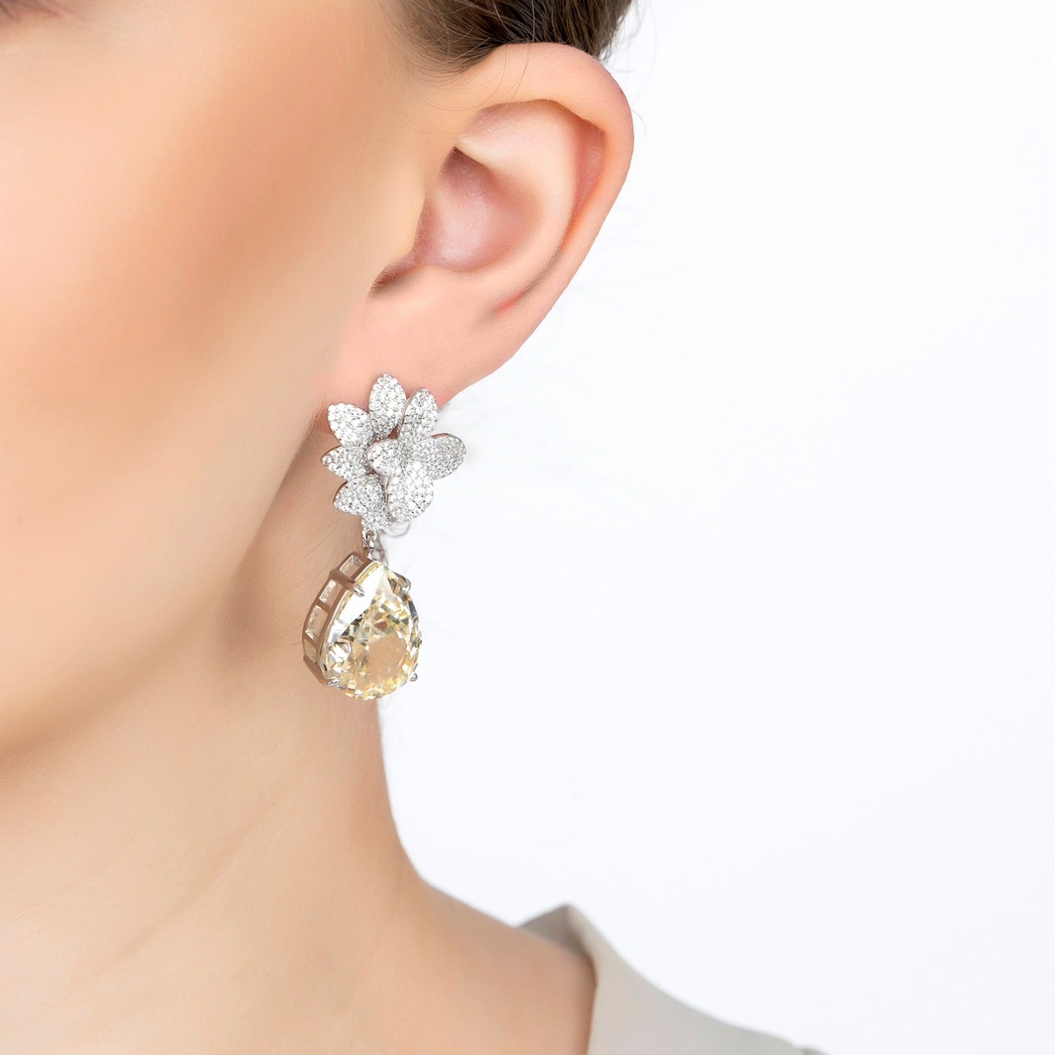 Orchid Flower Teardrop Moissanite Earrings Silver