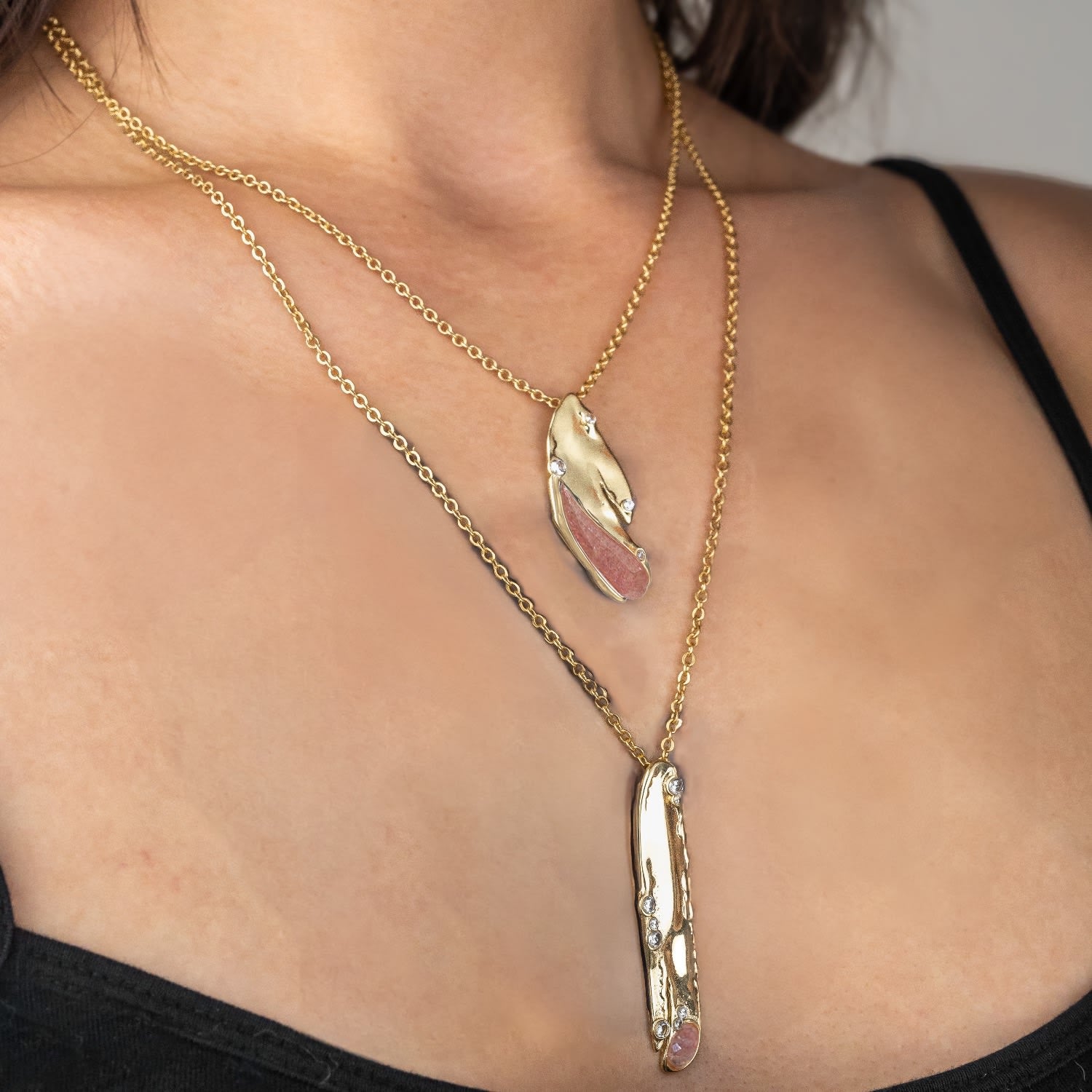 Organic Double Drop Necklace Strawberry Quartz