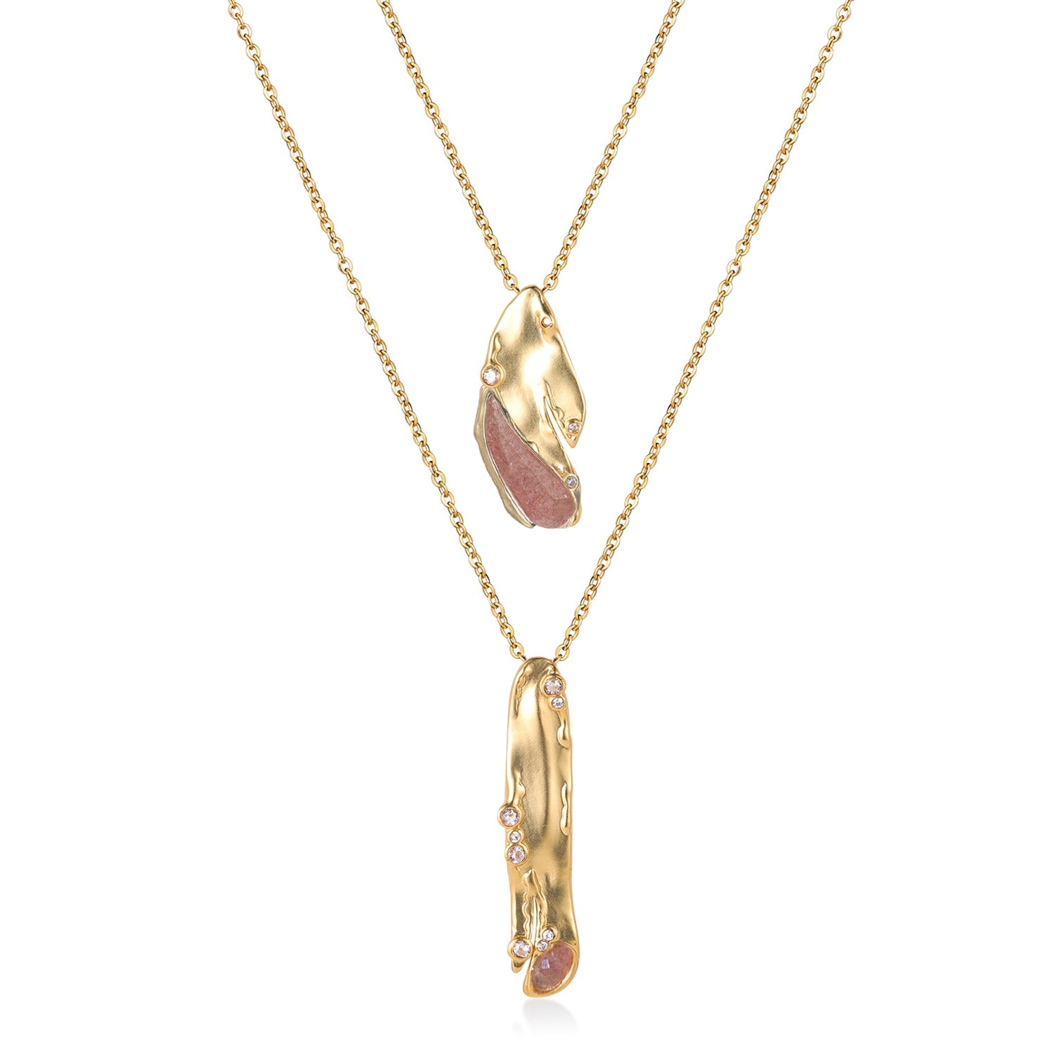 Organic Double Drop Necklace Strawberry Quartz