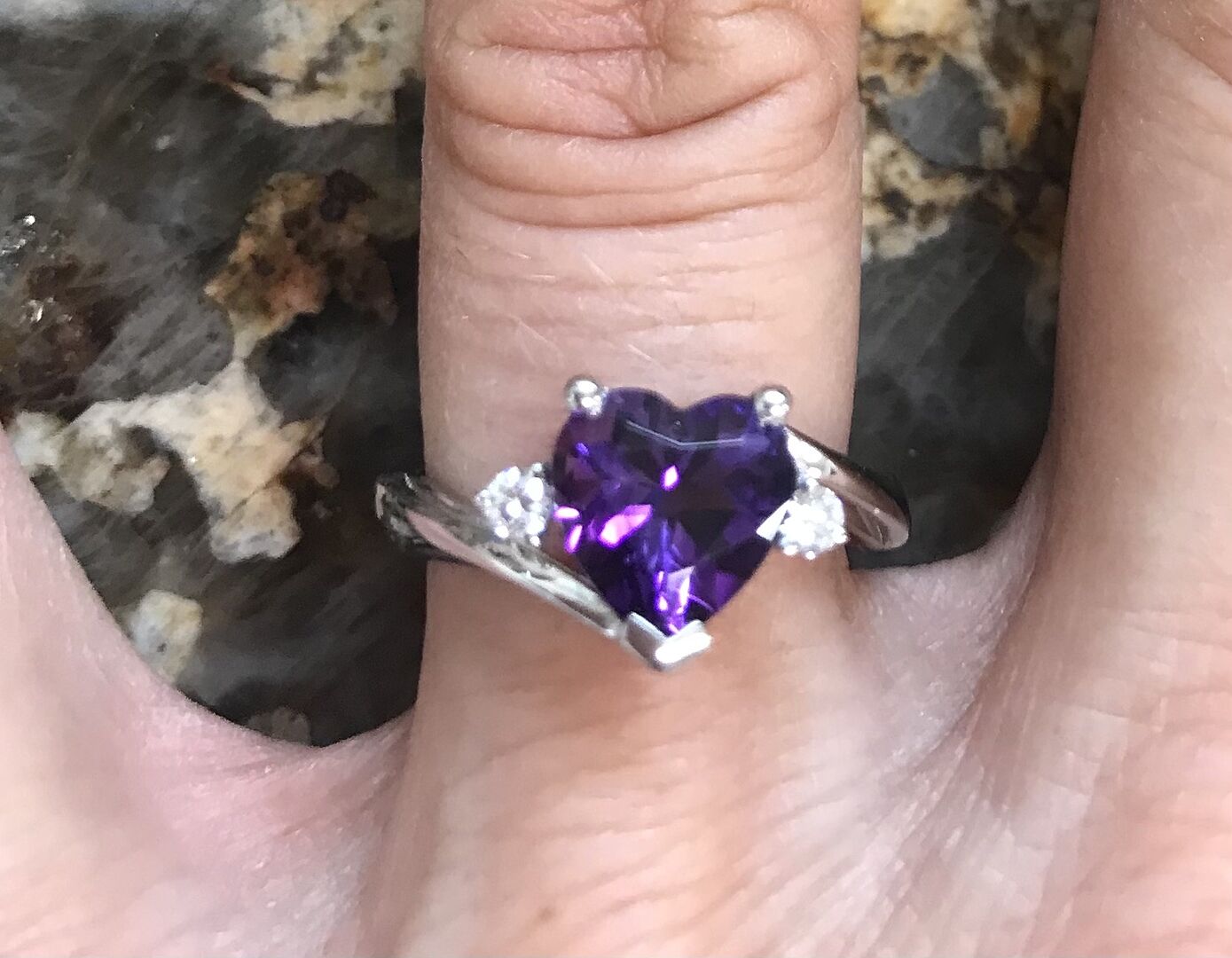 Heart-Shaped Amethyst Bypass Ring with Diamonds
