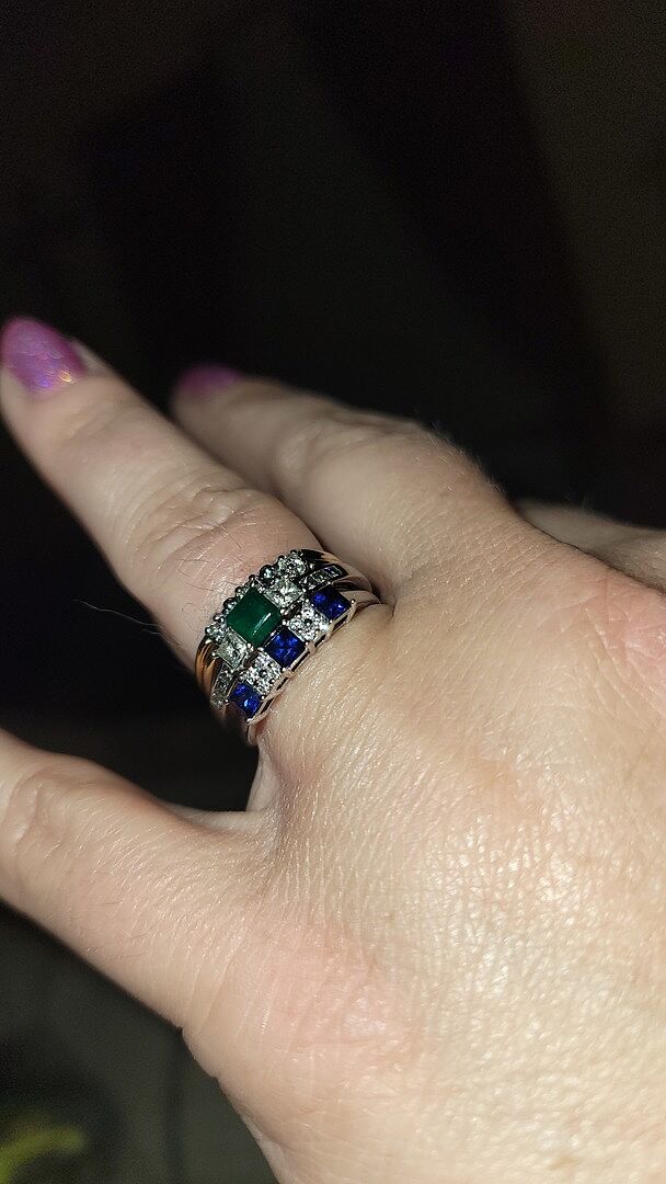 Diamond Cluster and Three Stone Square Emerald Ring