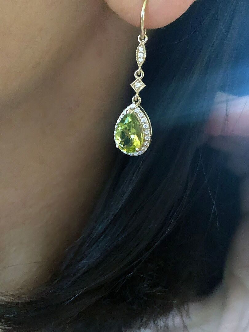 Pear-Shaped Peridot Drop Earrings with Diamond Halo