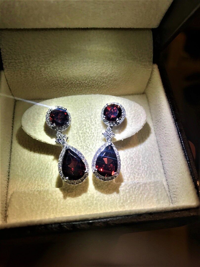 Two Tier Garnet Drop Earrings with Diamond Halo