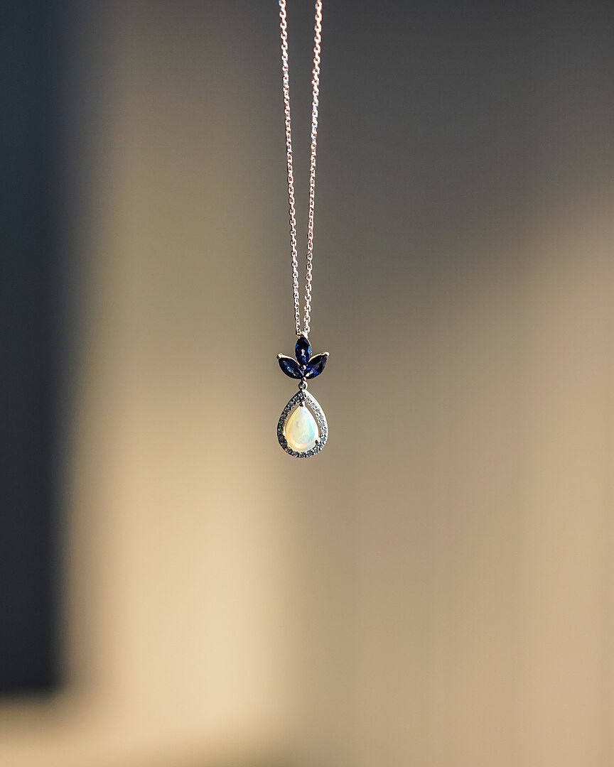 Floating Opal and Diamond Halo Pendant with Sapphires
