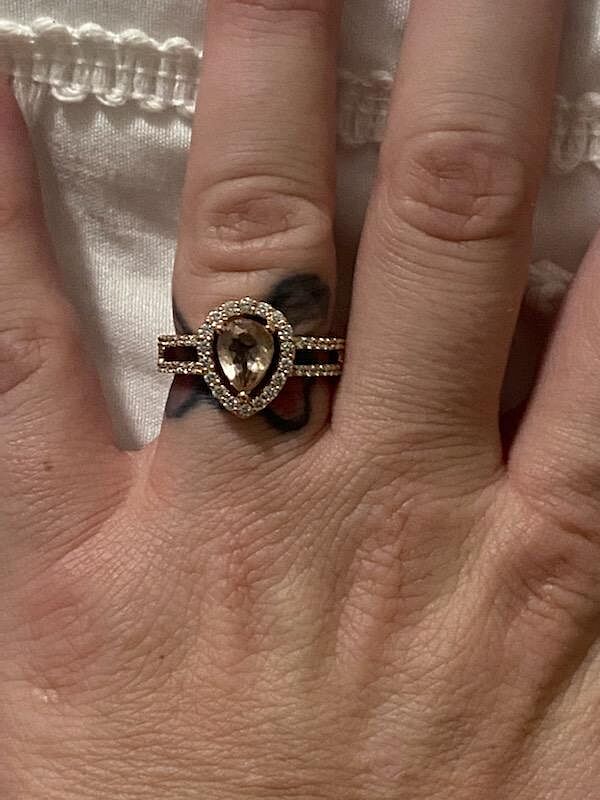 Pear Morganite and Diamond Halo Split Shank Ring