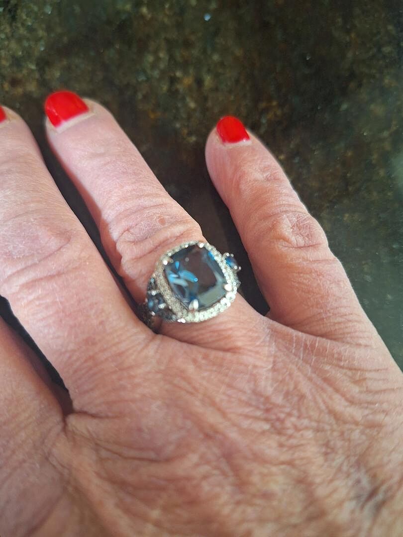 Cushion London Blue Topaz Crossover Ring with Diamond Halo
