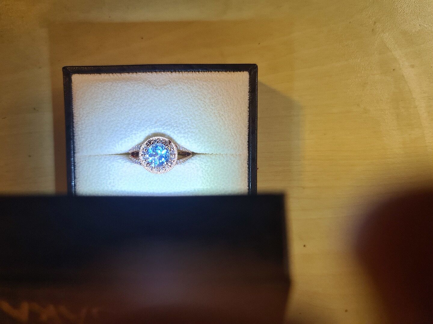 Round Aquamarine Split Shank Ring with Diamond Halo