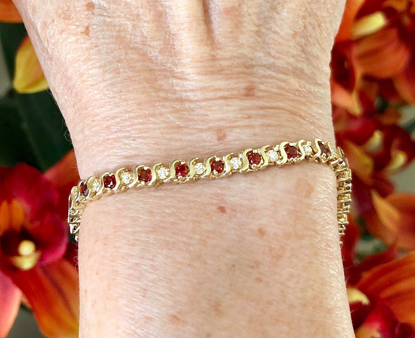 S Curl Garnet and Diamond Tennis Bracelet