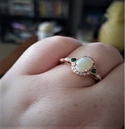 Vintage Oval Opal and Diamond Halo Ring with Bezel Emerald