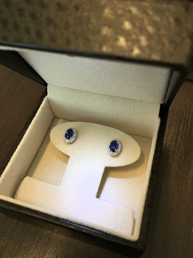 Oval Blue Sapphire Stud Earrings with Diamond Halo