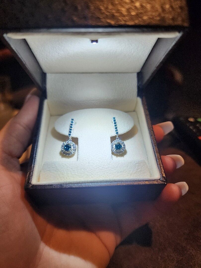 Floating Round Enhanced Blue Diamond Halo Drop Earrings