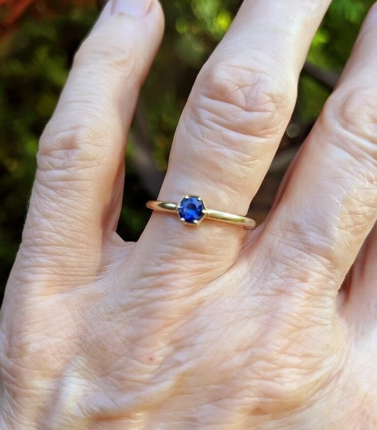 Pavé Set Tsavorite Hexagon Solitaire Ring with Milgrain