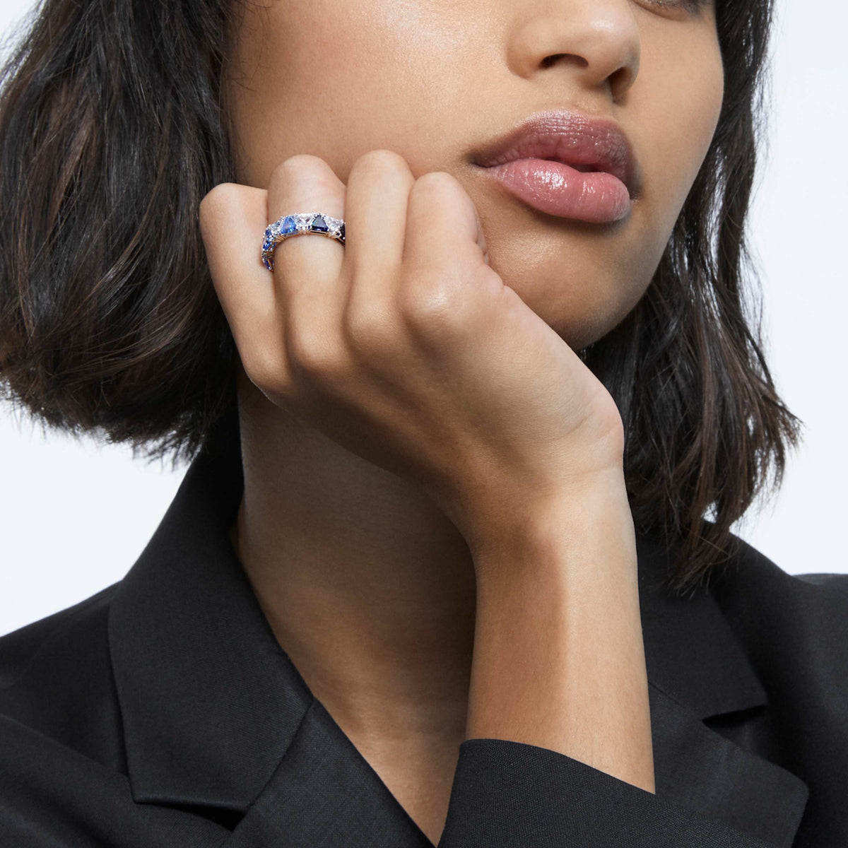 ORTYX COCKTAIL RING TRIANGLE CUT BLUE RHODIUM PLATED