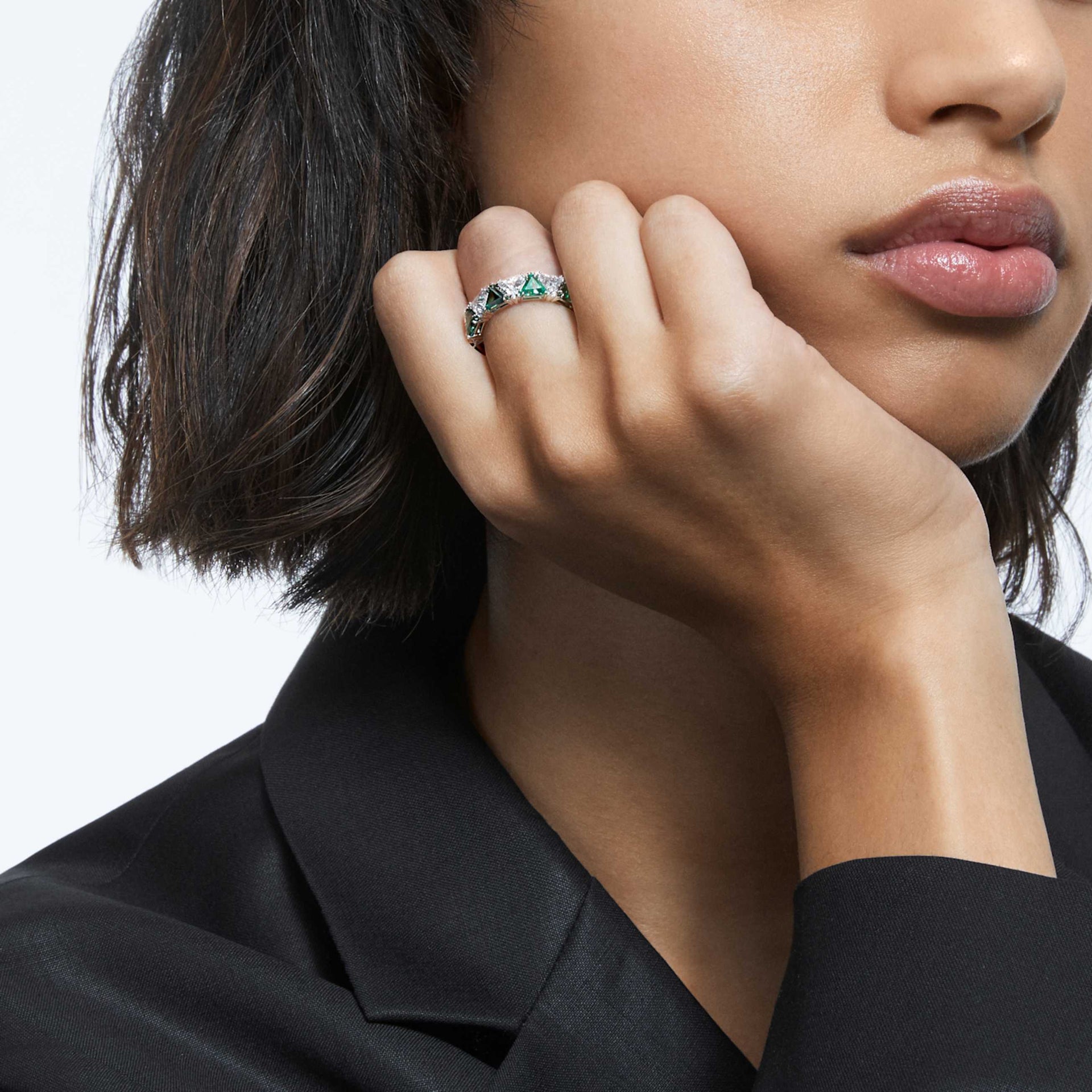 ORTYX COCKTAIL RING TRIANGLE CUT GREEN RHODIUM PLATED