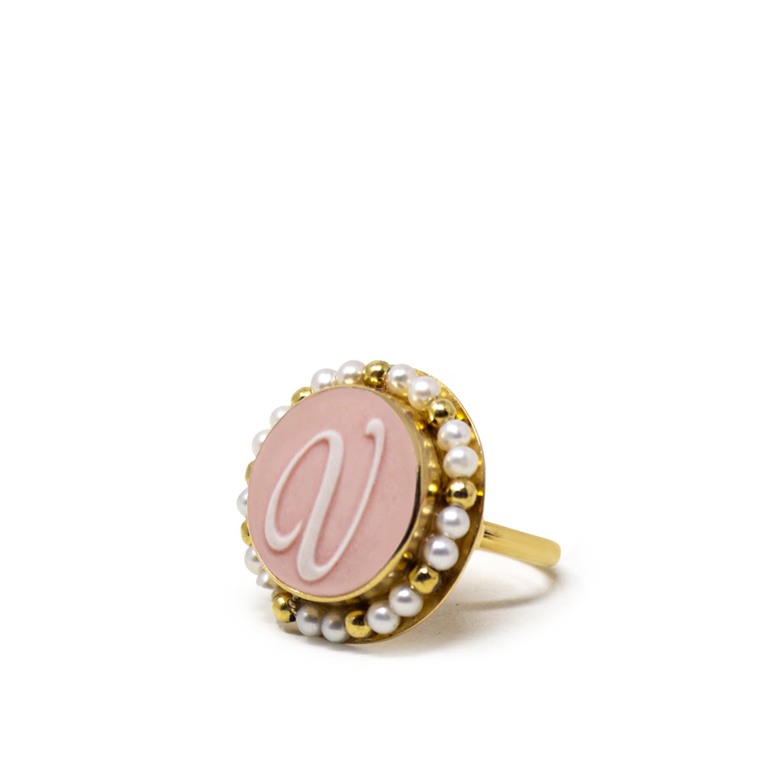 Pink Initial V Cameo Ring With Pearls
