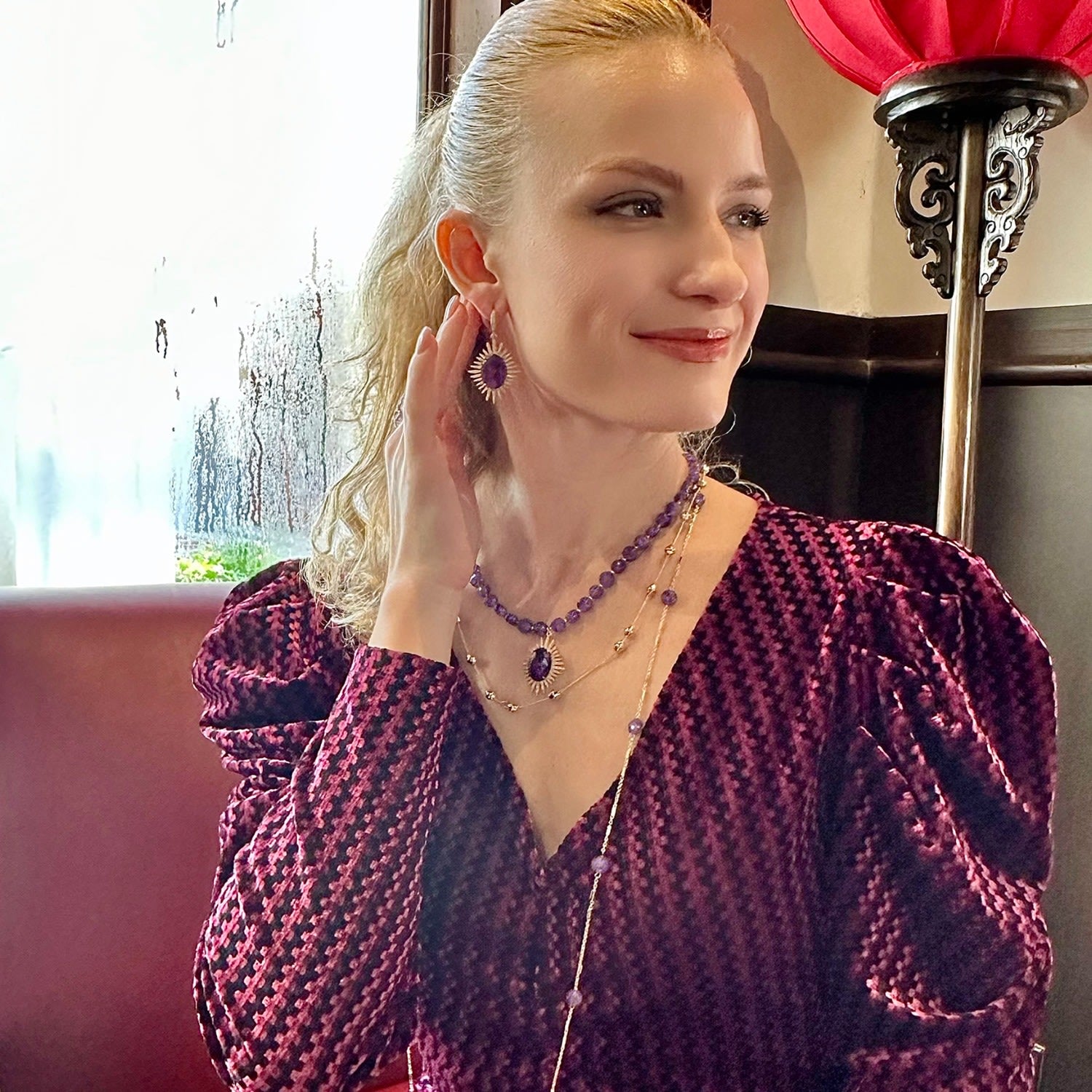 Oval Amethyst Dangle Statement Earrings