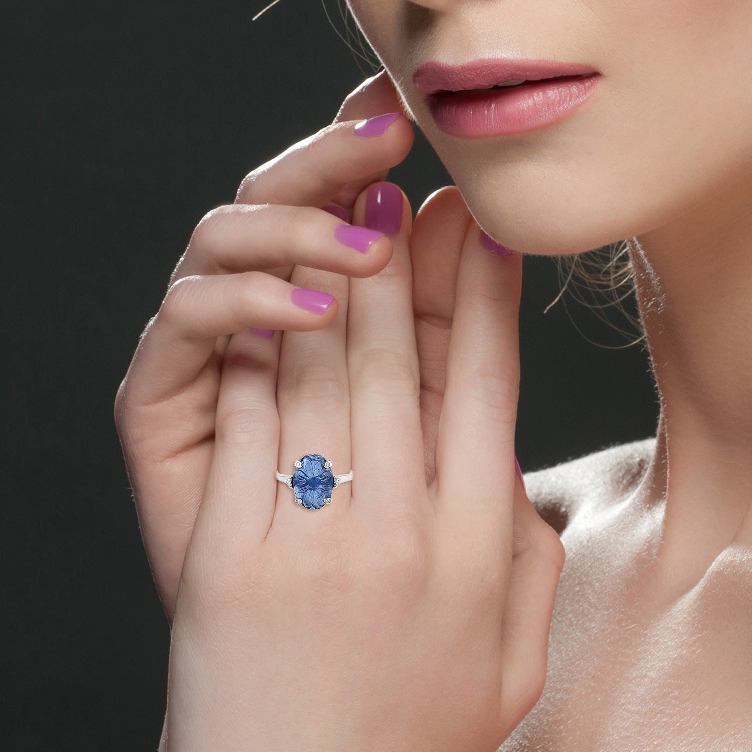 Handcrafted Carved Tanzanite Gemstone Diamond In Prong Statement Ring In 14K White Gold
