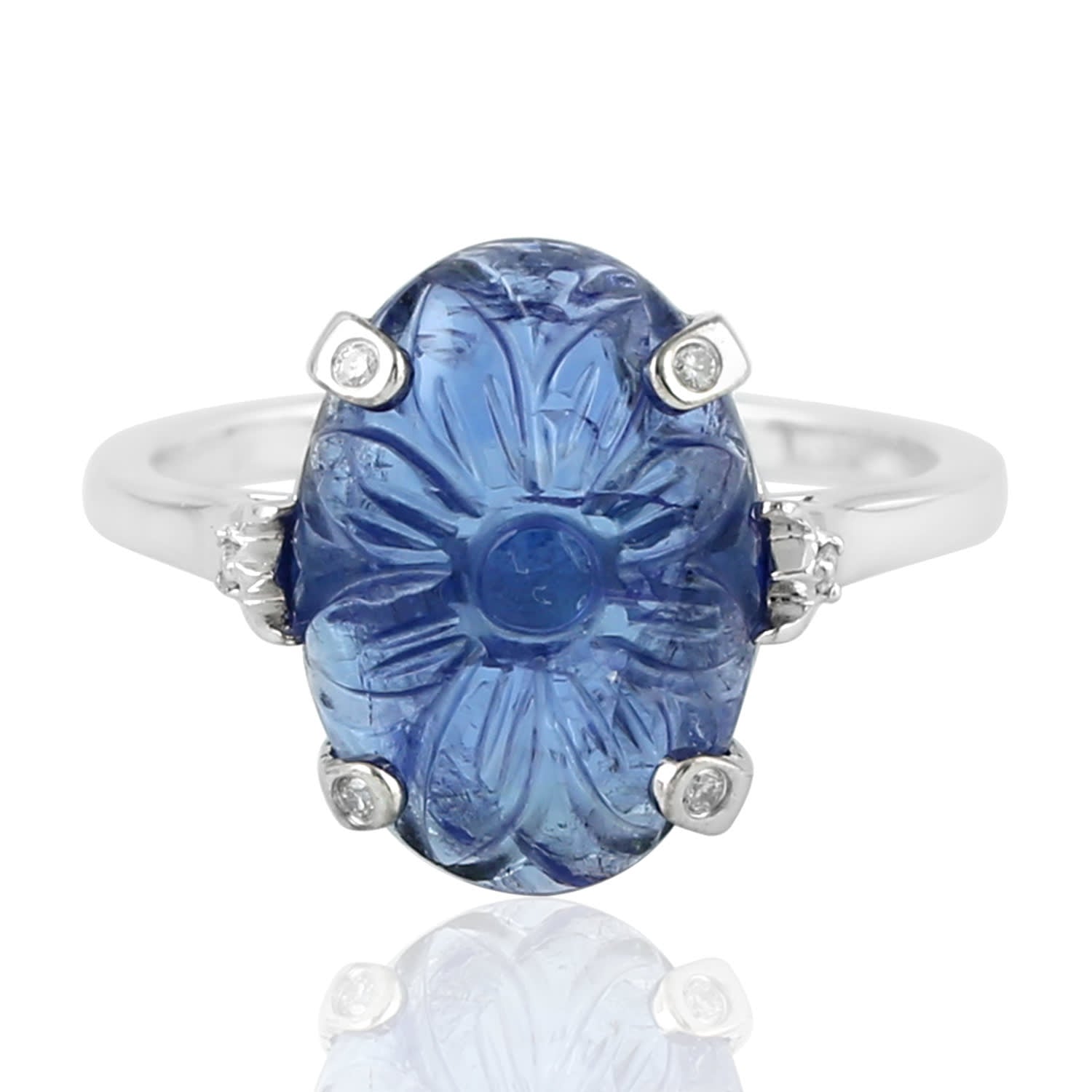 Handcrafted Carved Tanzanite Gemstone Diamond In Prong Statement Ring In 14K White Gold