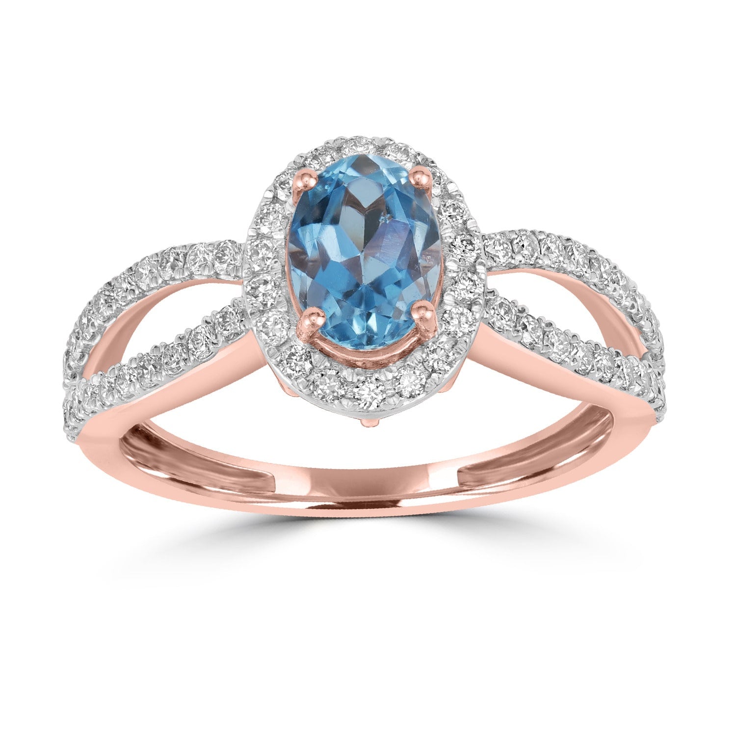 Oval Cut Aquamarine Halo Diamond Ring In 18K Rose Gold