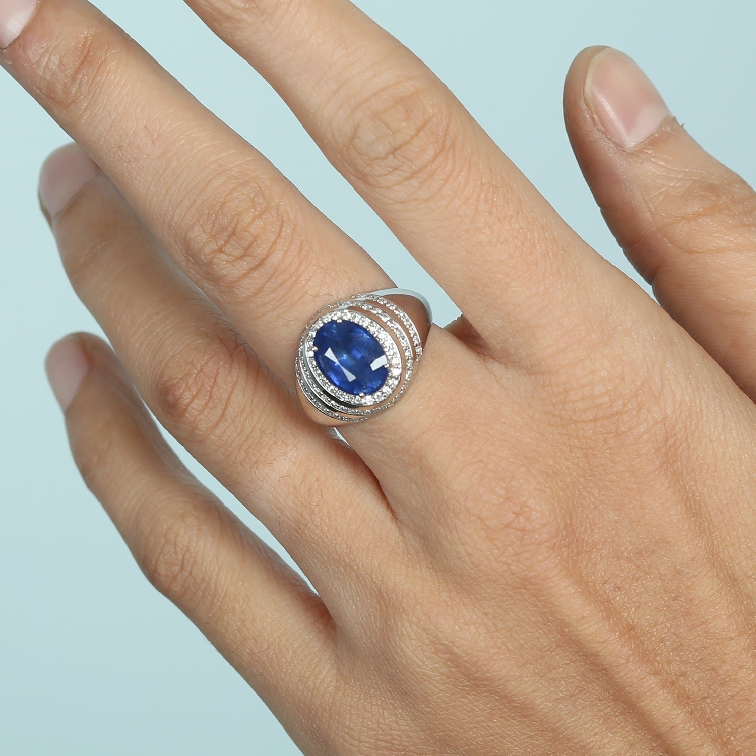 Oval Cut Blue Sapphire Pave Diamond Cocktail Ring In White Gold