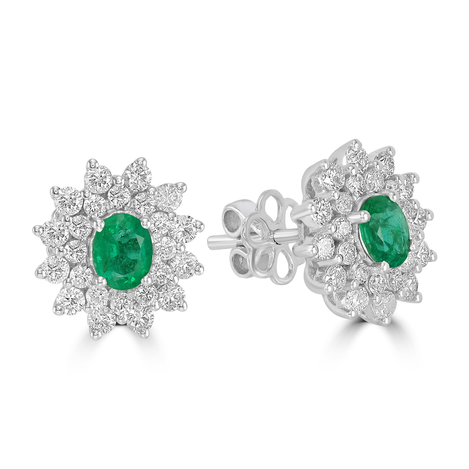 Oval Cut Emerald & Diamond Stud Earrings In White Gold