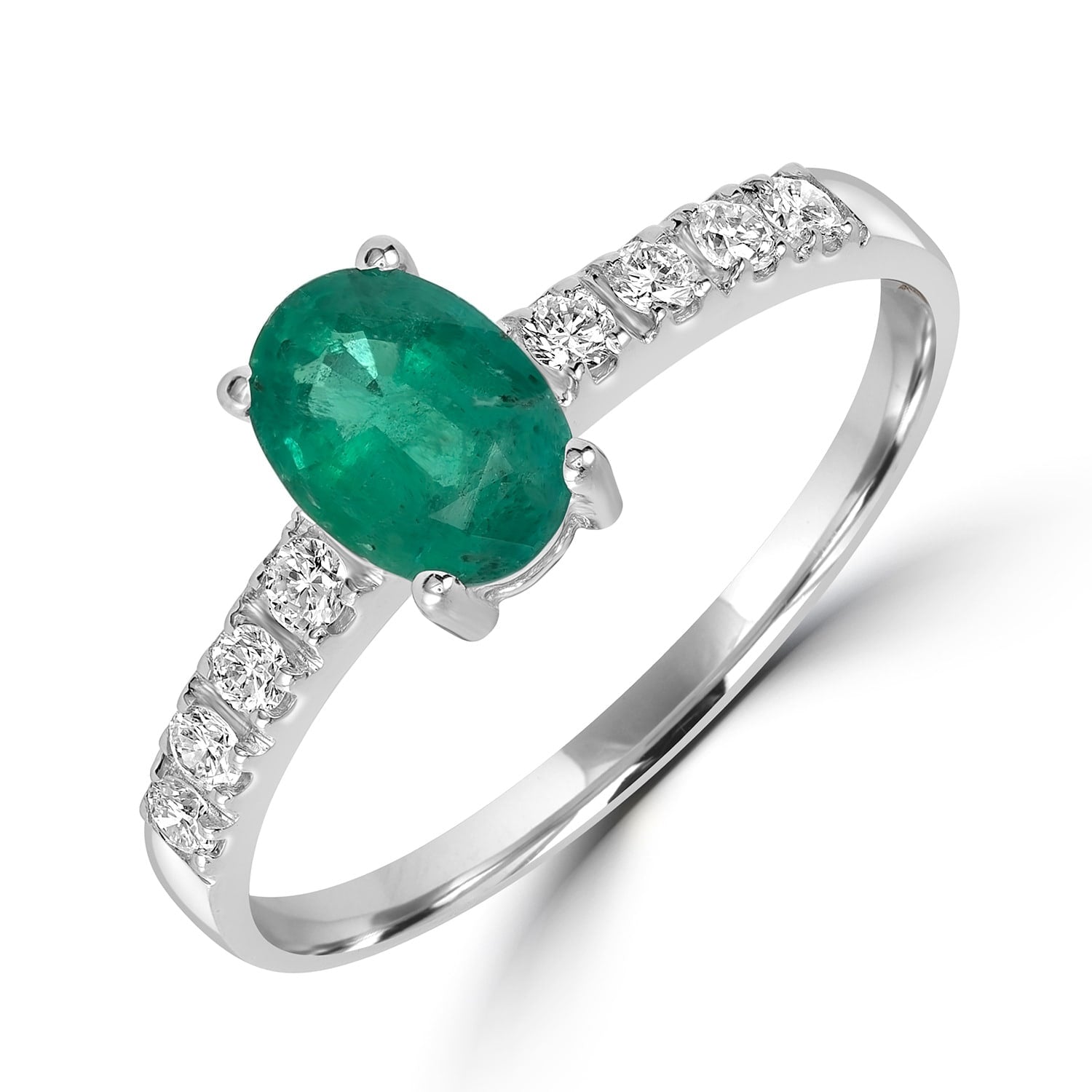 Oval Emerald & Diamond Band Ring – 18K White Gold