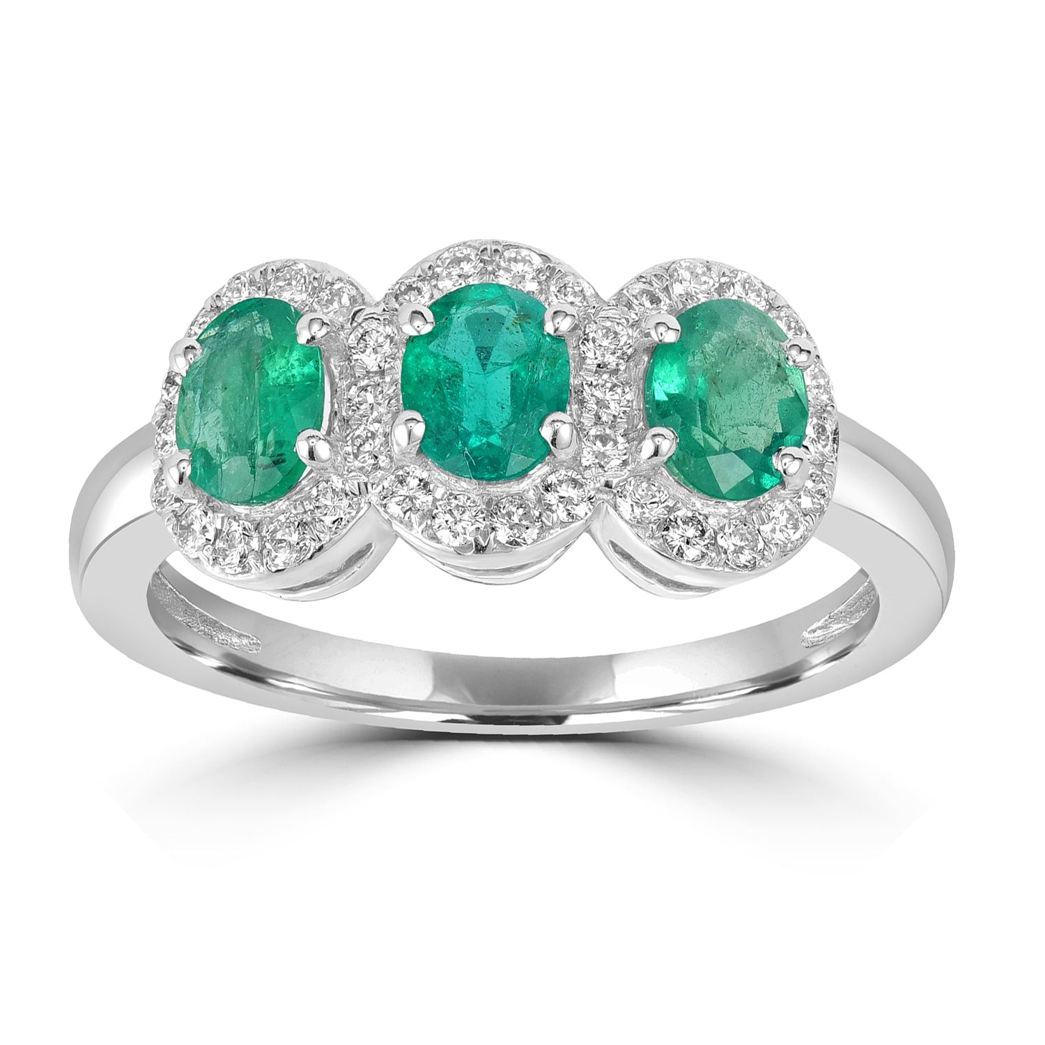 Oval Cut Emerald Pave Diamond Three Stone Band Ring In White Gold