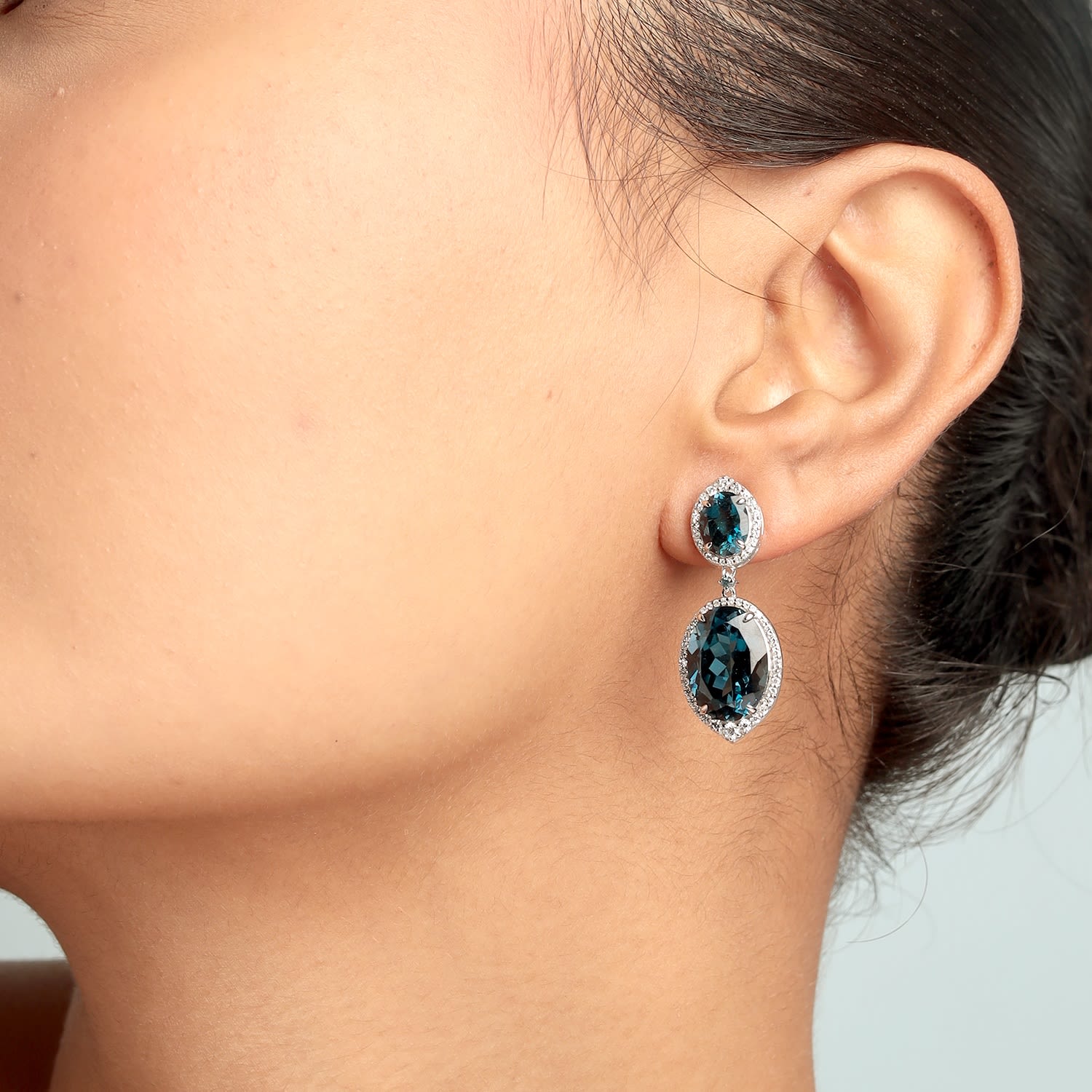 Oval Cut London Topaz & Diamond Dangle Earrings In White Gold