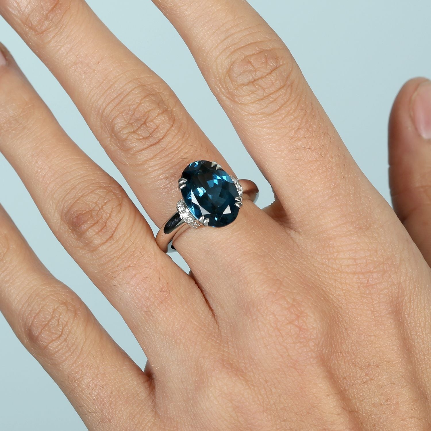 Oval London Topaz Gemstone & Diamond Cocktail Ring In White Gold