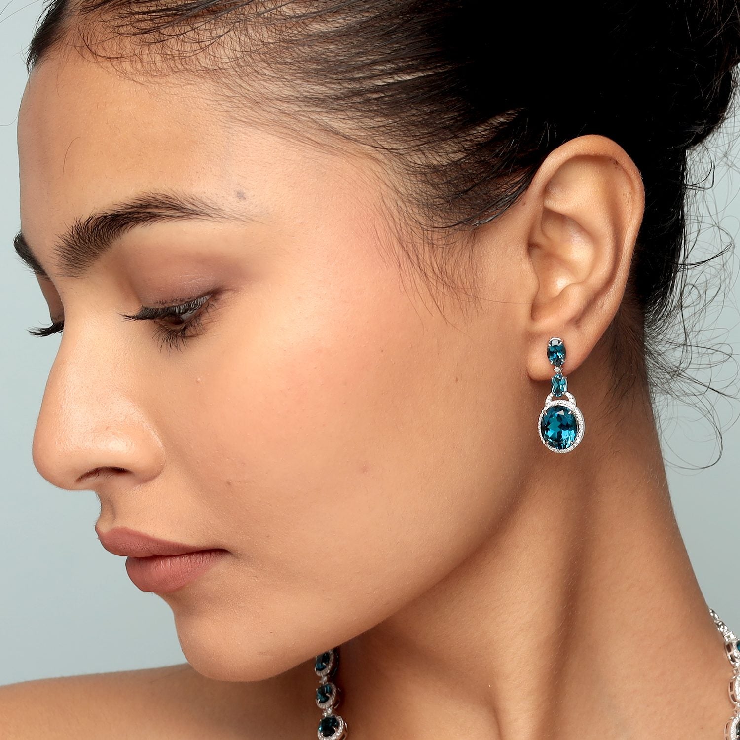 Oval Cut London Topaz Pave Diamond Dangle Earrings In White Gold