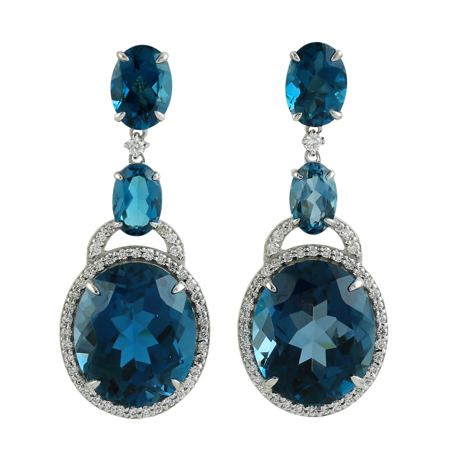 Oval Cut London Topaz Pave Diamond Dangle Earrings In White Gold