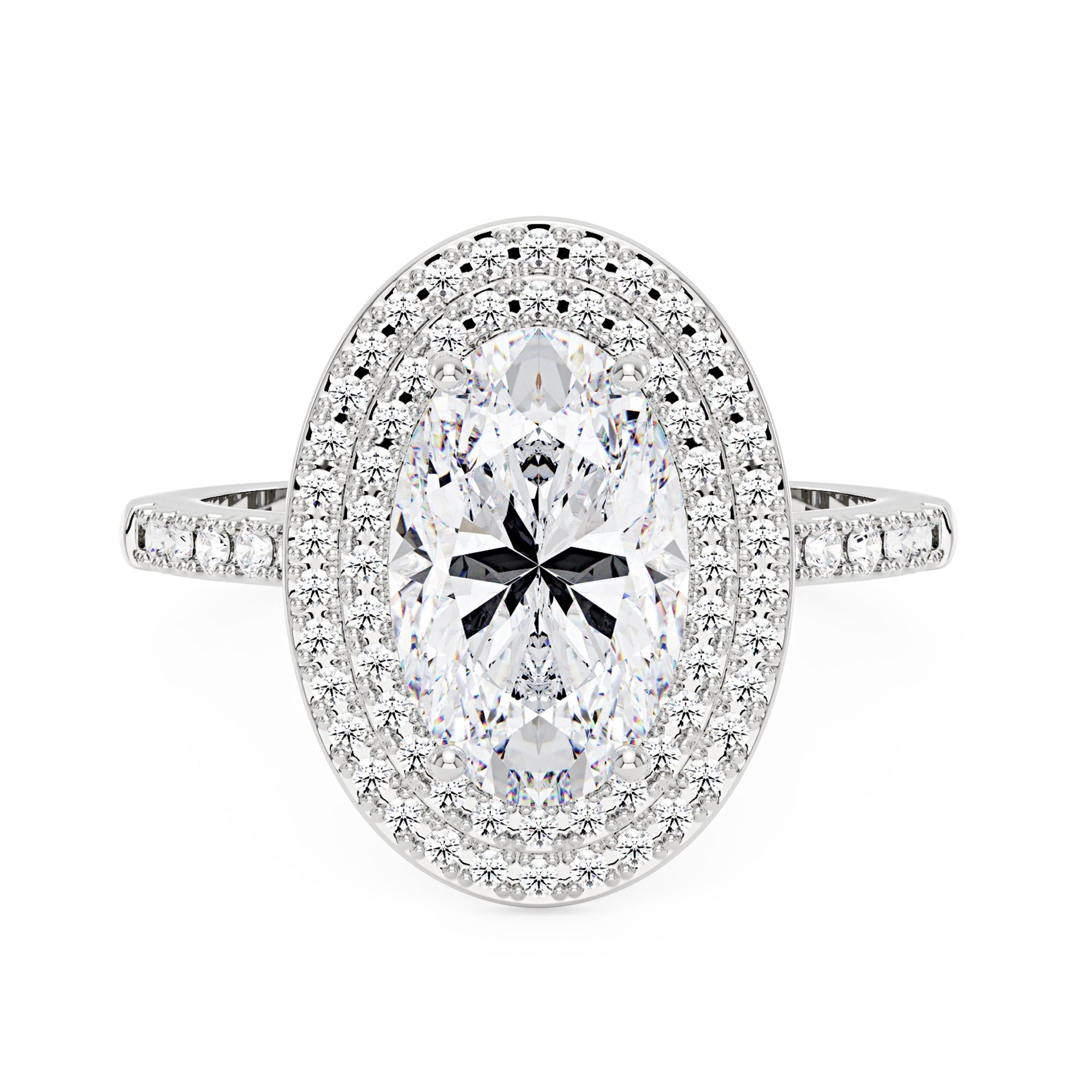 4 Carat Art Deco Oval Cut Moissanite Pavé Double Halo Ring
