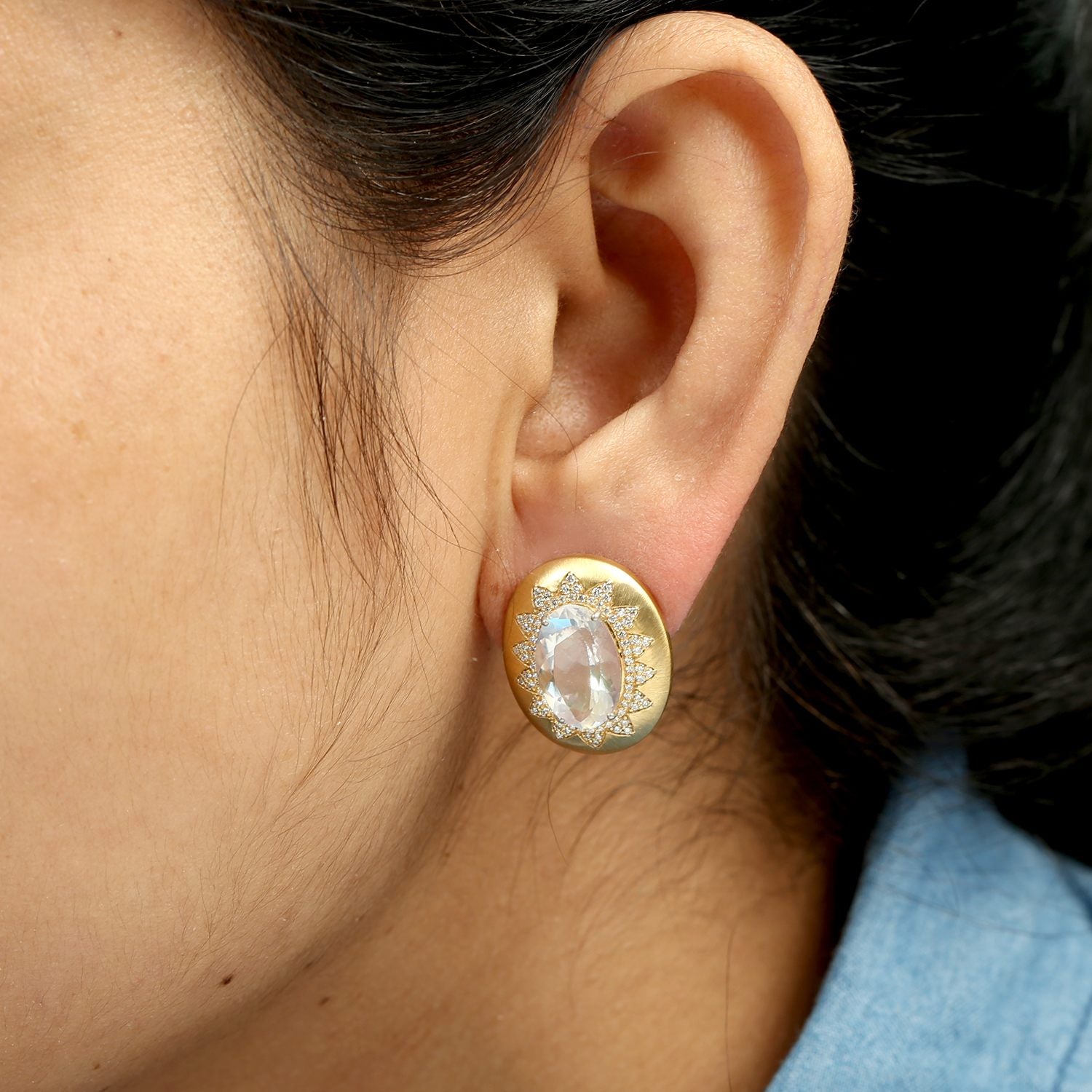 Oval Cut Moonstone Blue Gemstone Pave Diamond Stud Earrings In Gold