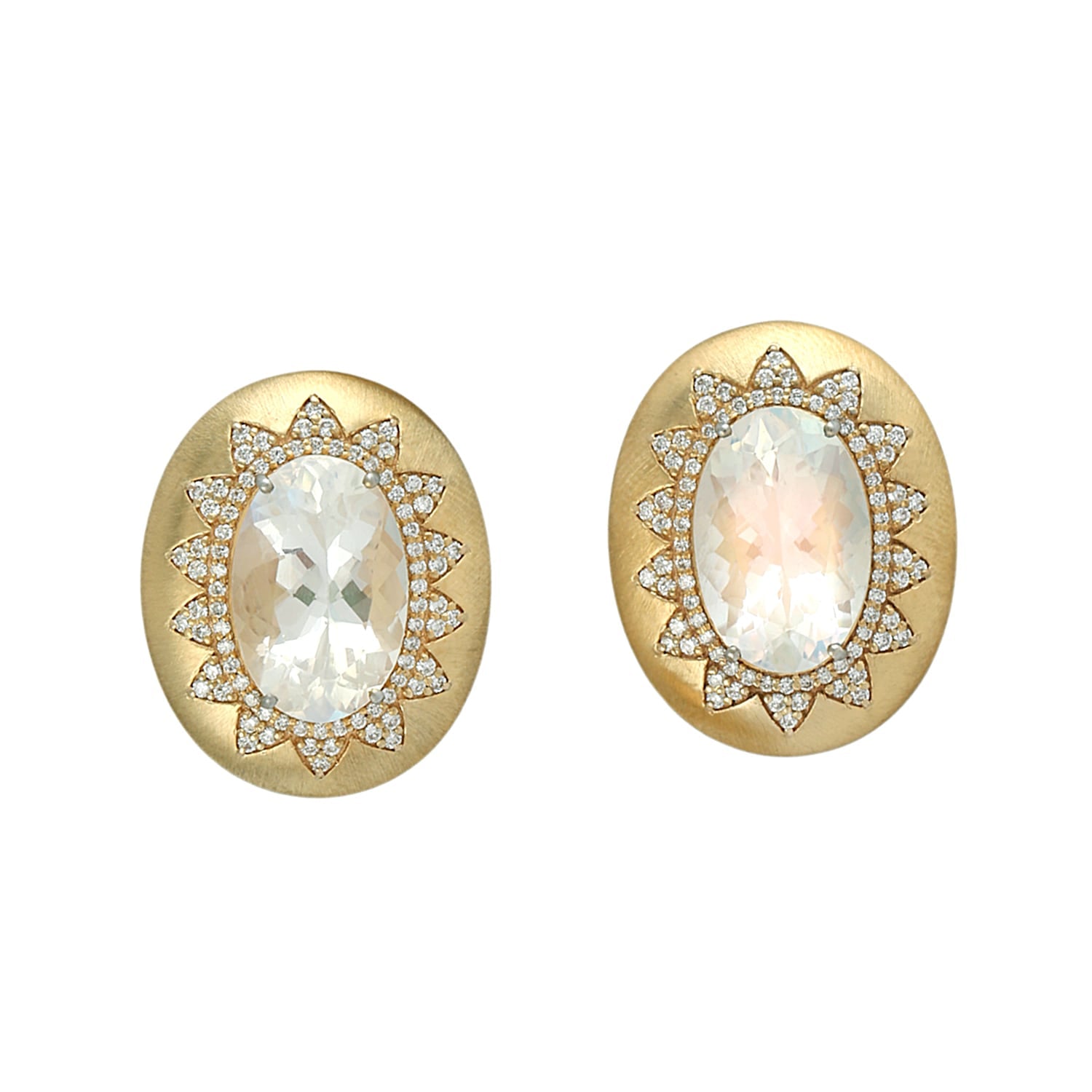 Oval Cut Moonstone Blue Gemstone Pave Diamond Stud Earrings In Gold
