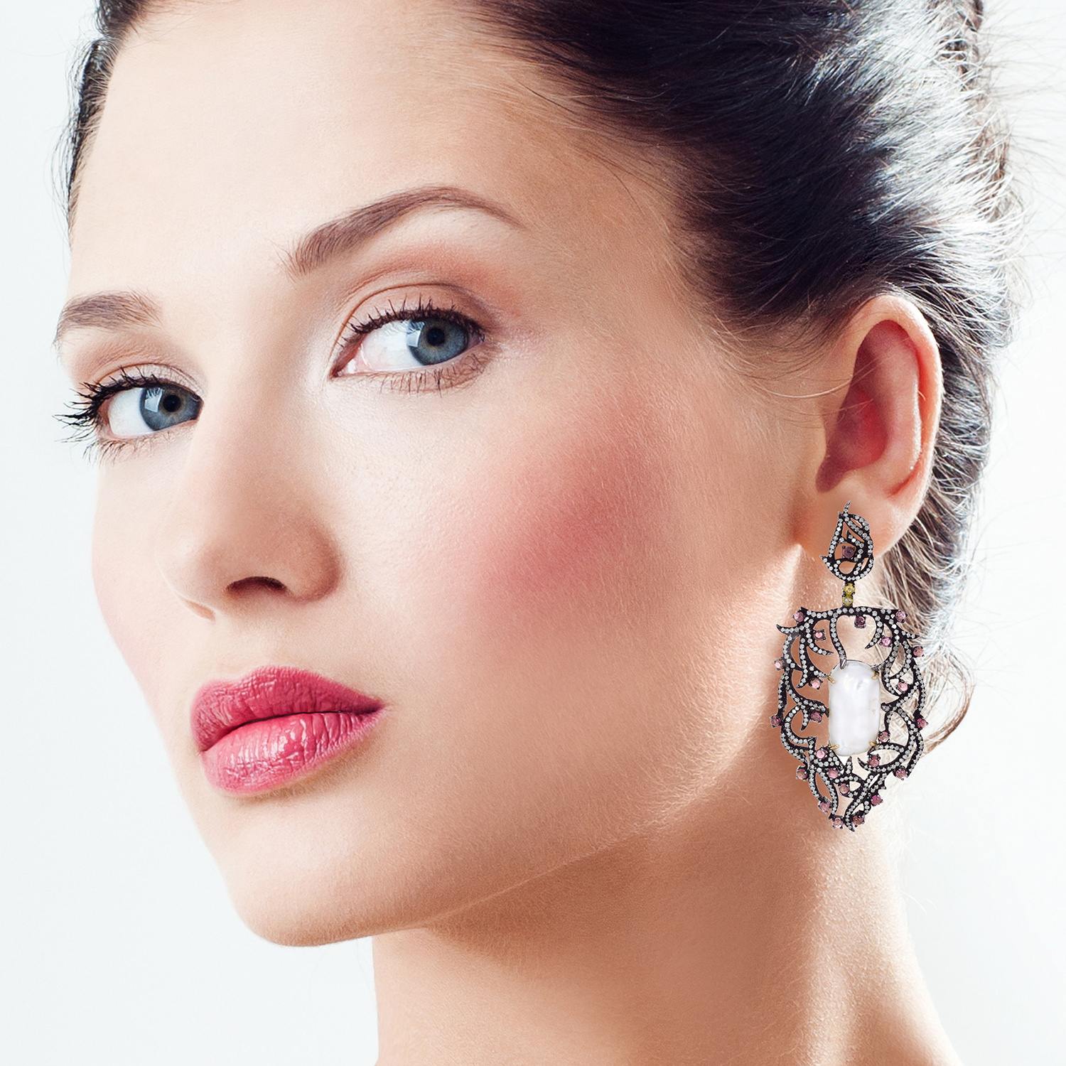 Oval-Cut Pearl & Pink Tourmaline Leaf Earrings In 18Kt White Gold & Sterling Silver