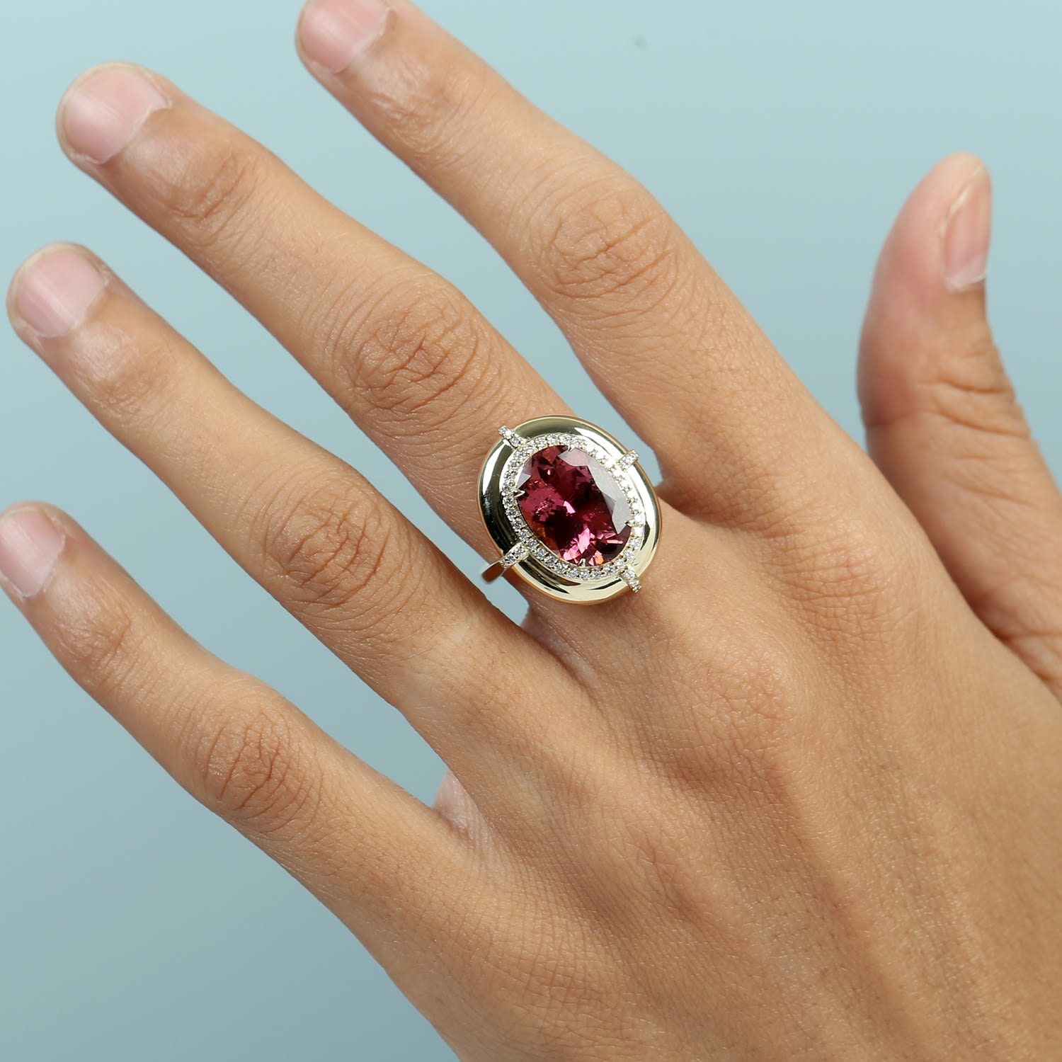 Oval Cut Pink Tourmaline & Diamond Cocktail Ring In Gold
