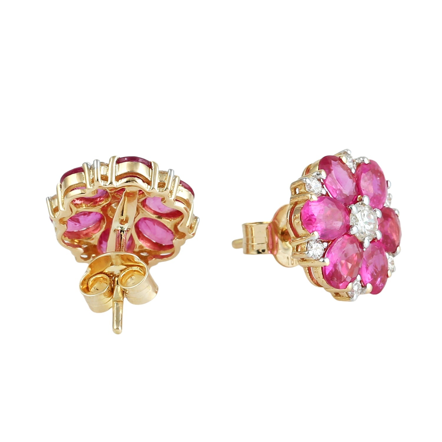 Oval Cut Ruby & Diamond Flower Stud Earrings In 18Kt White & Yellow Gold