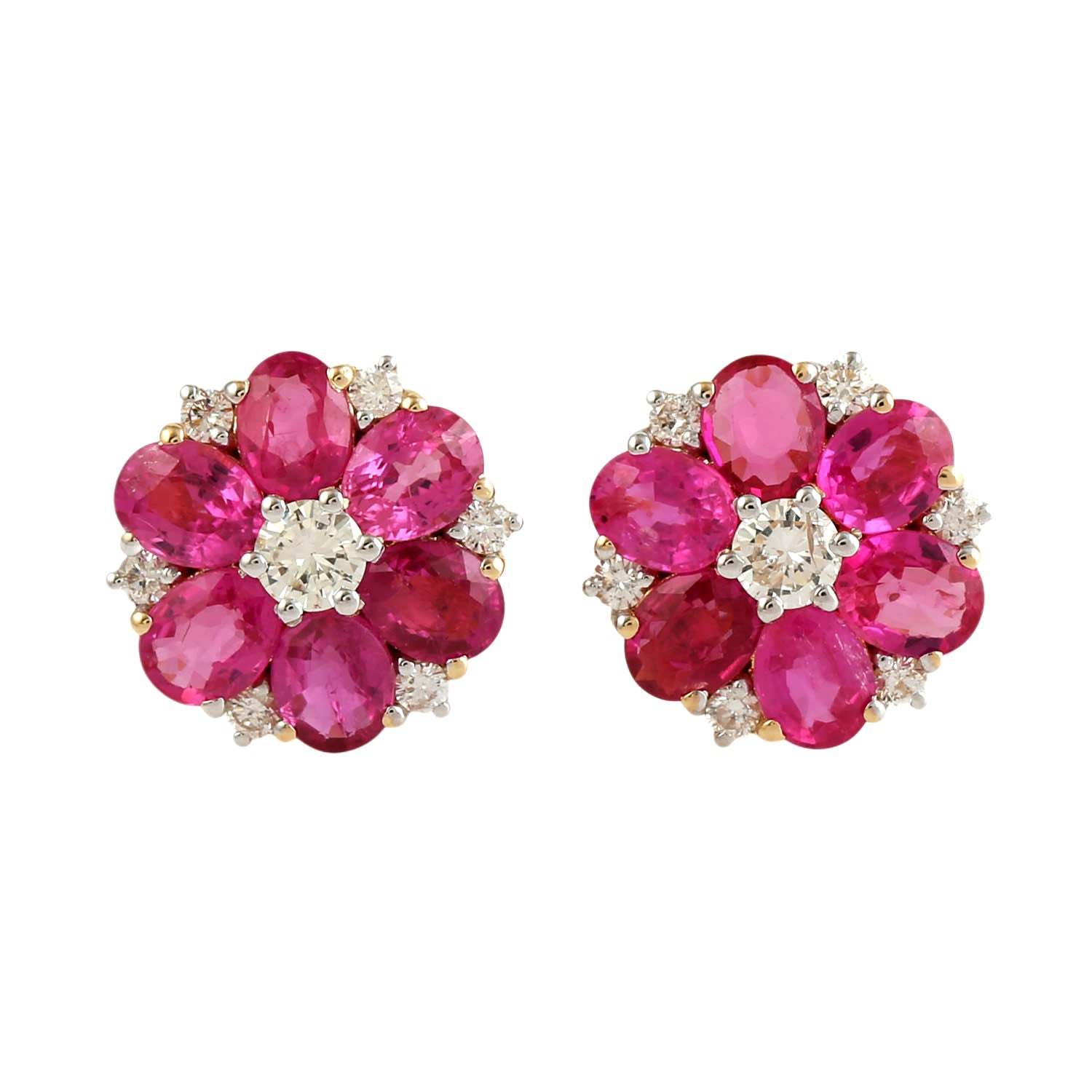 Oval Cut Ruby & Diamond Flower Stud Earrings In 18Kt White & Yellow Gold