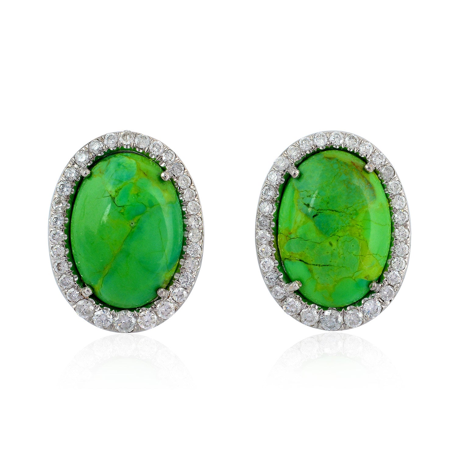 Oval Green Turquoise & Pave Diamond Stud Earrings In White Gold – Fine Jewelry