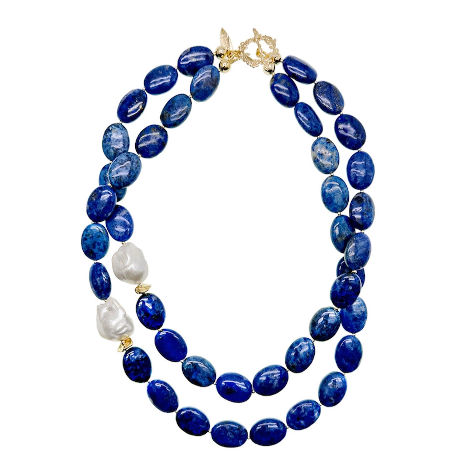 Blue Agate With Baroque Pearls Double Wrapped Necklace