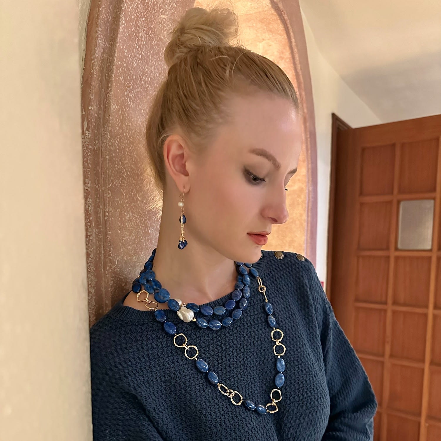 Blue Agate With Baroque Pearls Double Wrapped Necklace