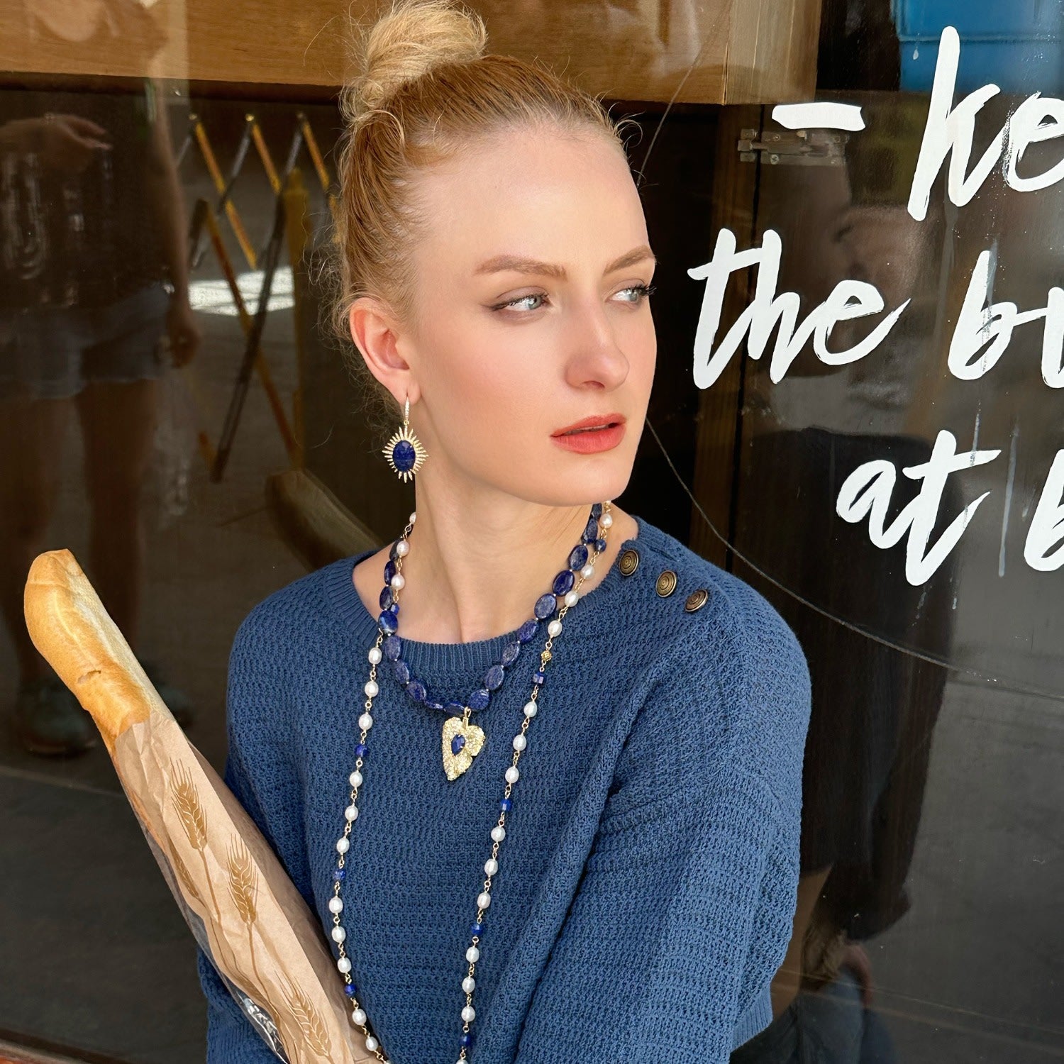 Oval Lapis With Heart Charm Short Necklace