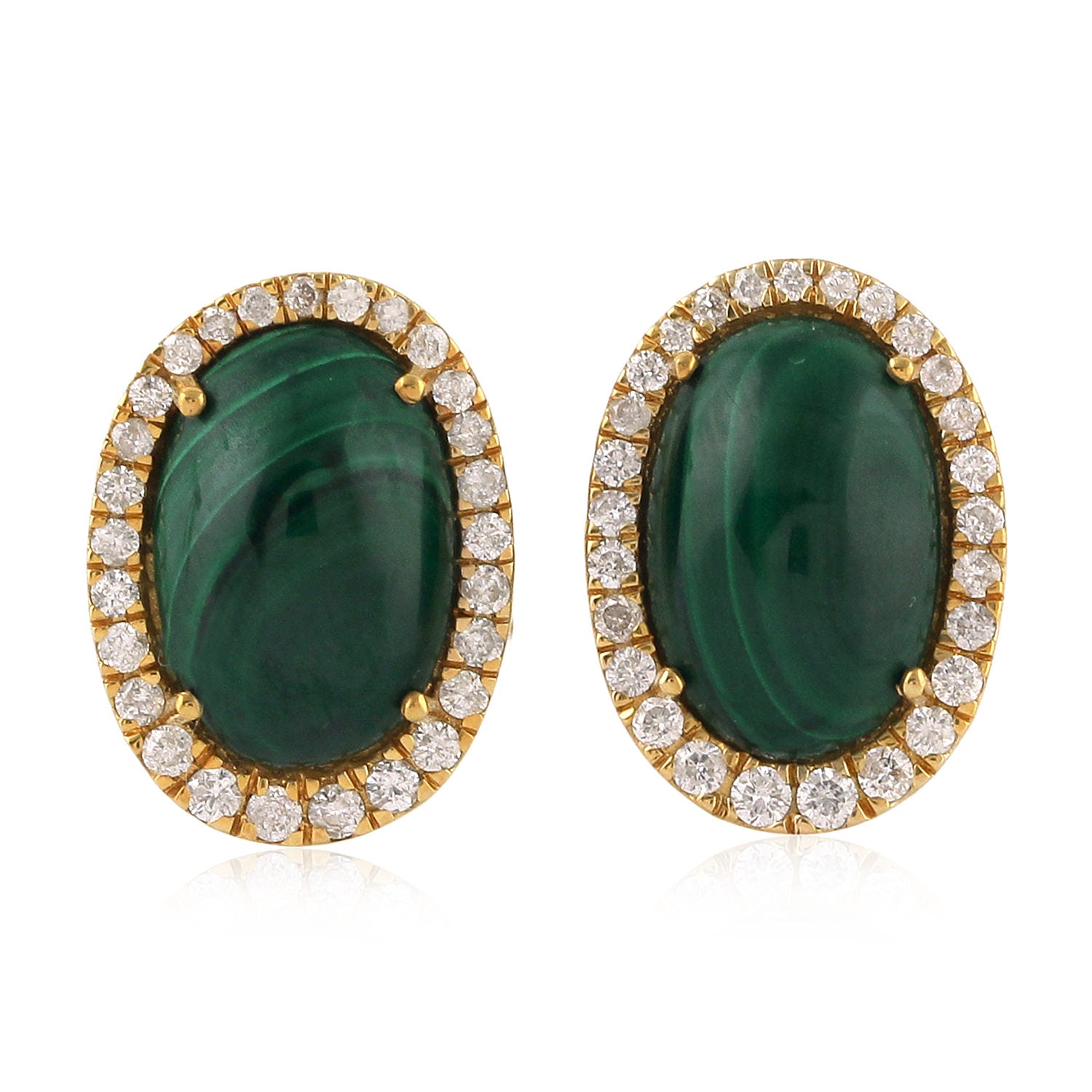 Oval Malachite & Pave Diamond Stud Earrings In Yellow Gold – Fine Jewelry