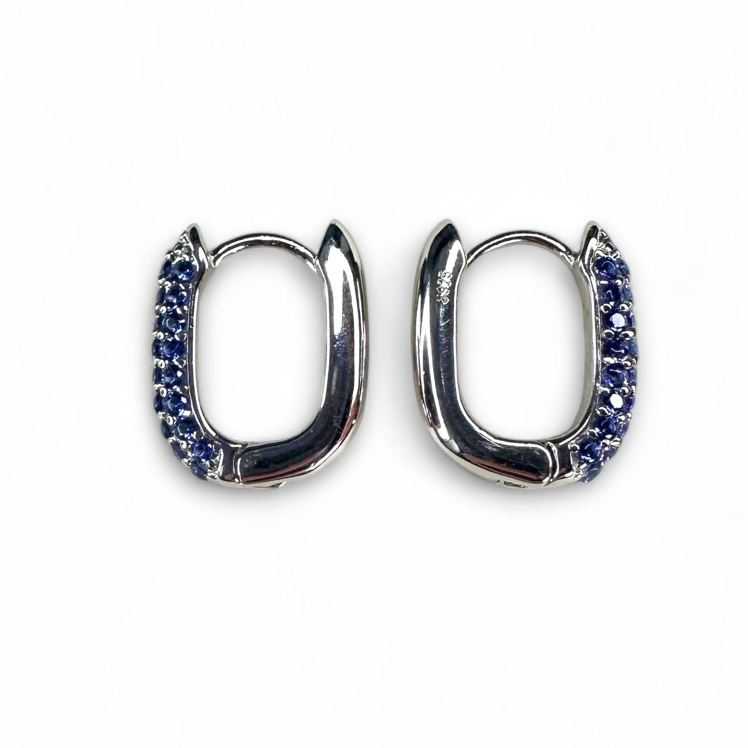 Oval Pave Gemstone Silver Huggie Earrings - Sapphire Blue