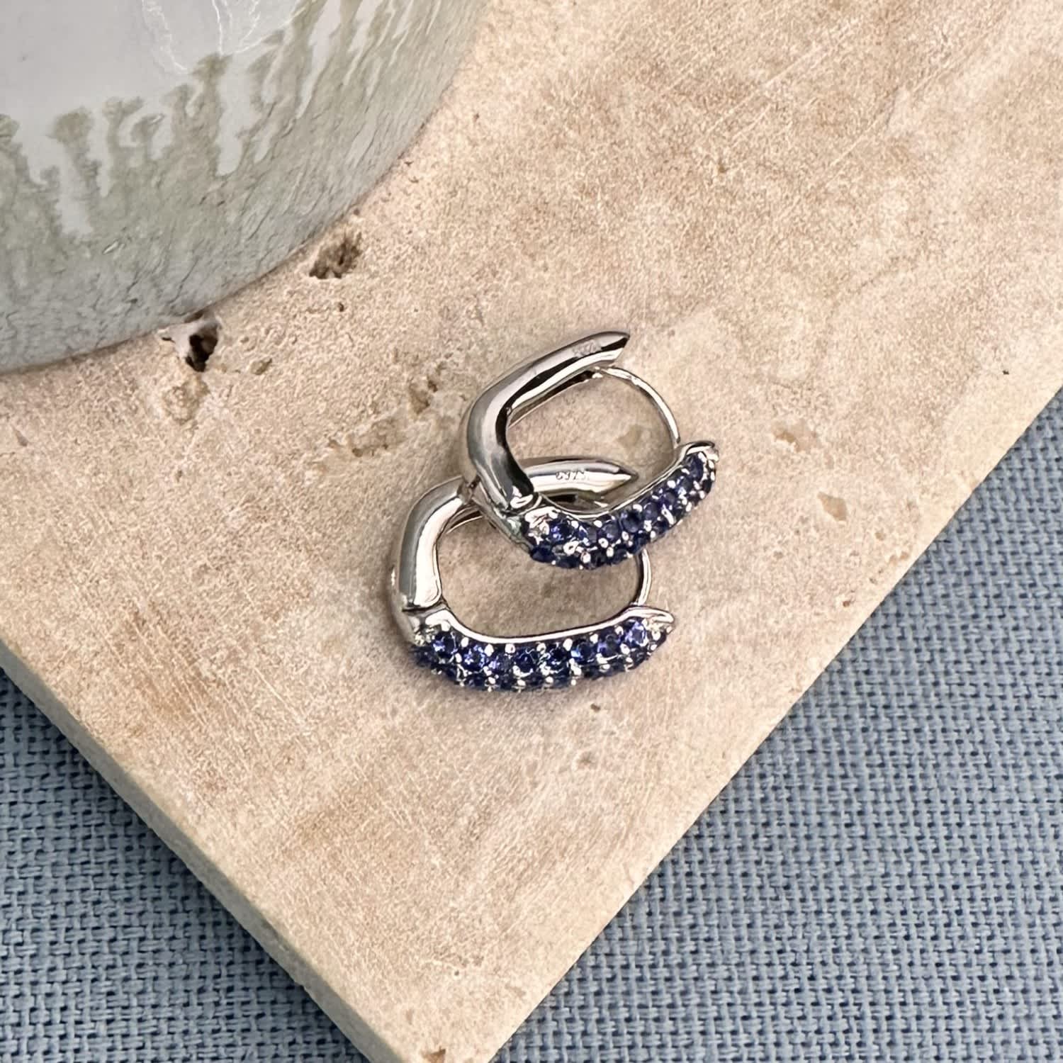 Oval Pave Gemstone Silver Huggie Earrings - Sapphire Blue