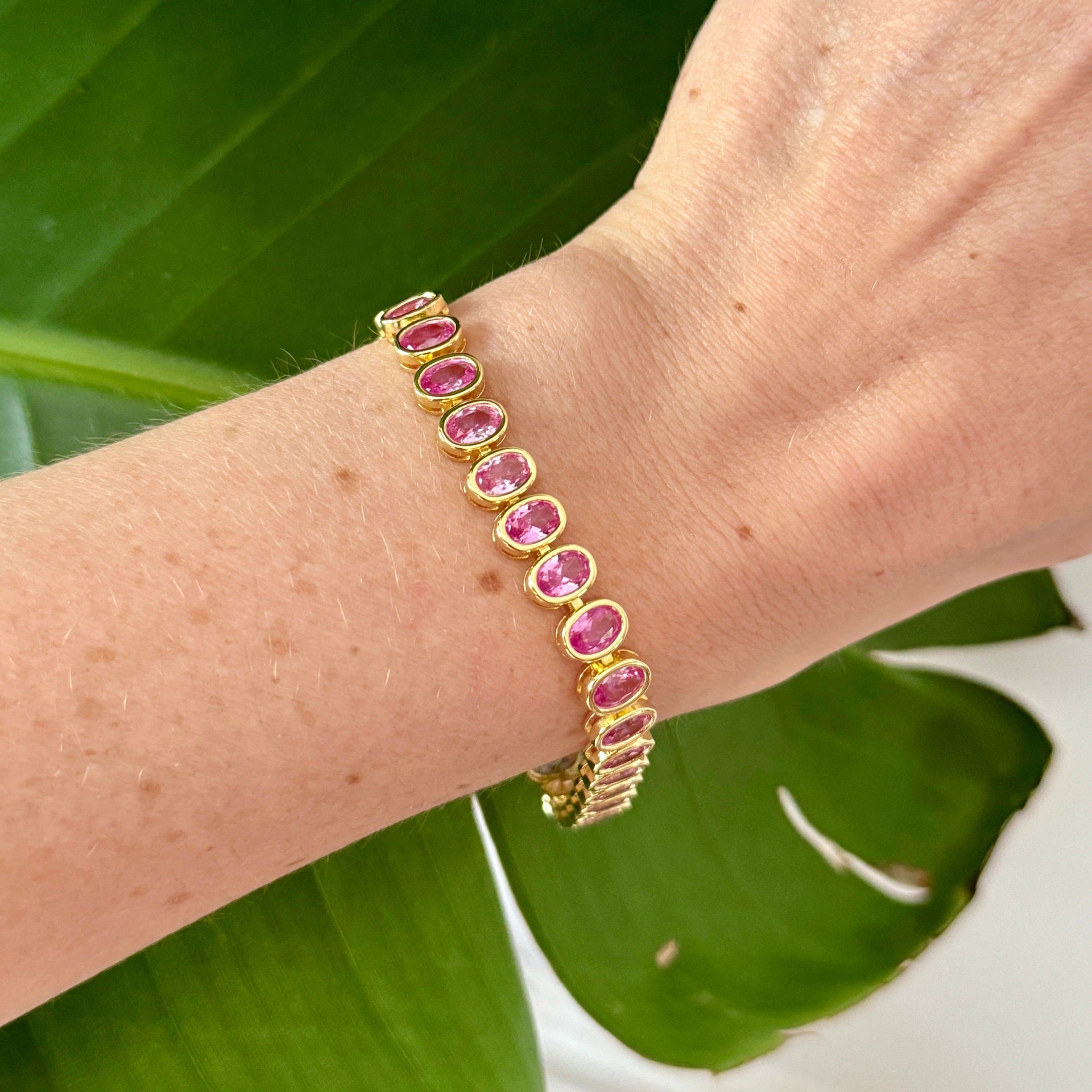 Oval Pink Crystal Tennis Bracelet