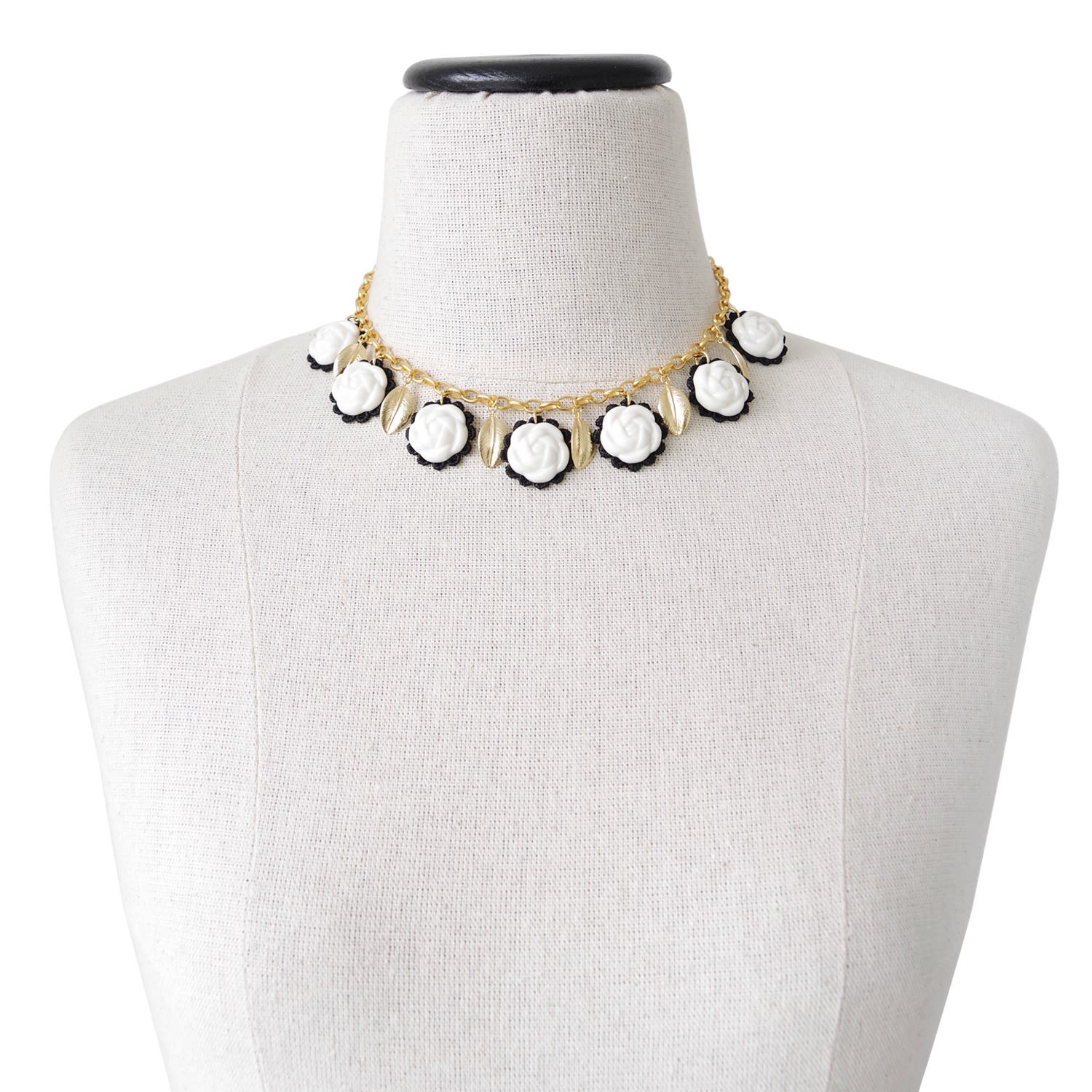 Porcelain Camellias & Golden Leaves Necklace