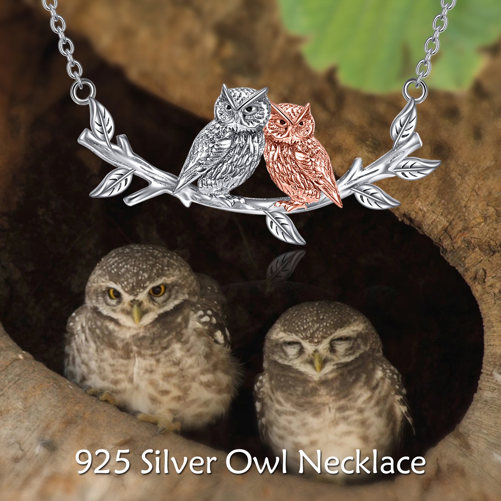 Sterling Silver Two-tone Owl & Ivy Pendant Necklace for Women