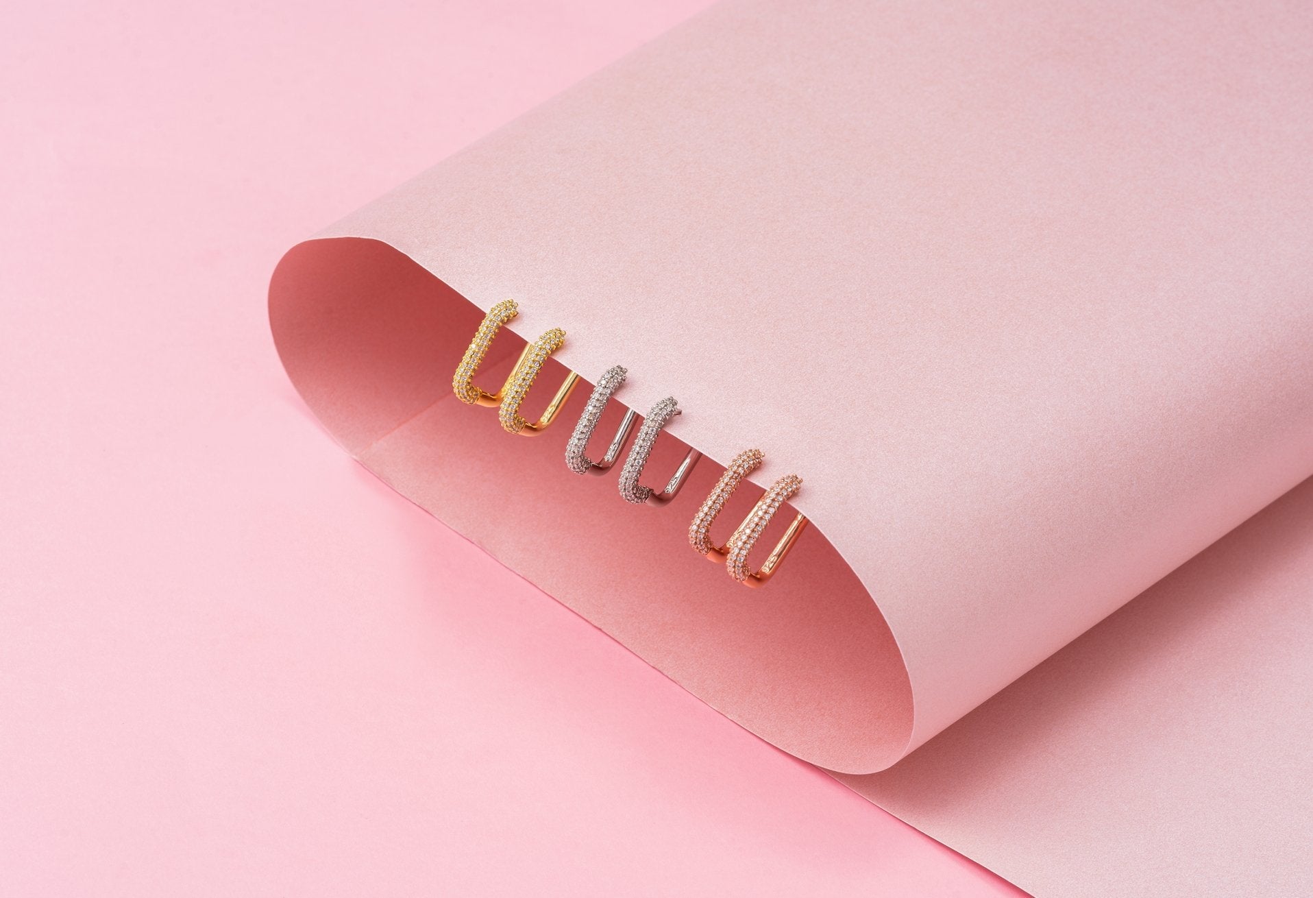 Pave Rectangular Huggie Earring - Rose Gold